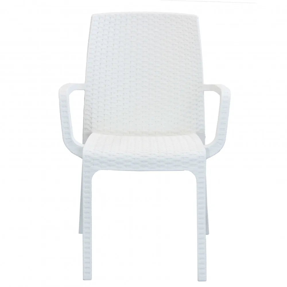 Poltrona Indiana in poly rattan bianco con braccioli, impilabile per esterni di design, vista frontale