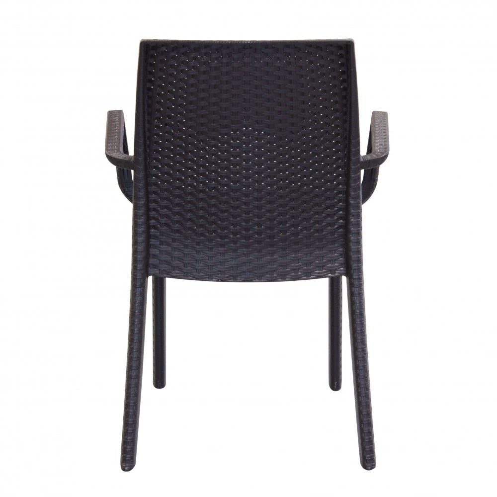 Poltrona Indiana in poly rattan marrone scuro con braccioli, impilabile per esterni, vista posteriore