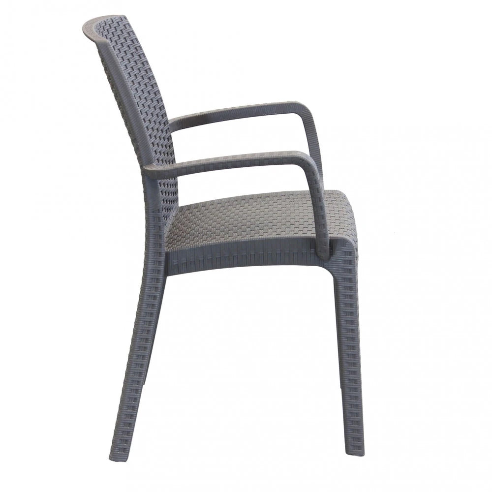 Poltrona Indiana in poly rattan tortora con braccioli, impilabile per esterni, panoramica laterale