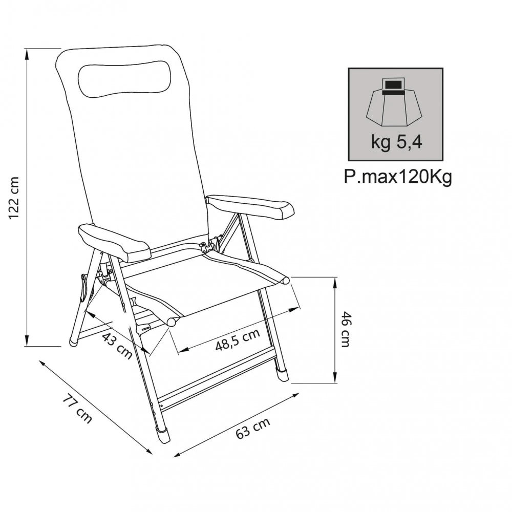 Poltrona Ischia in alluminio e textilene, seduta lounge moderna e traspirante per giardino e piscina, misure e schema