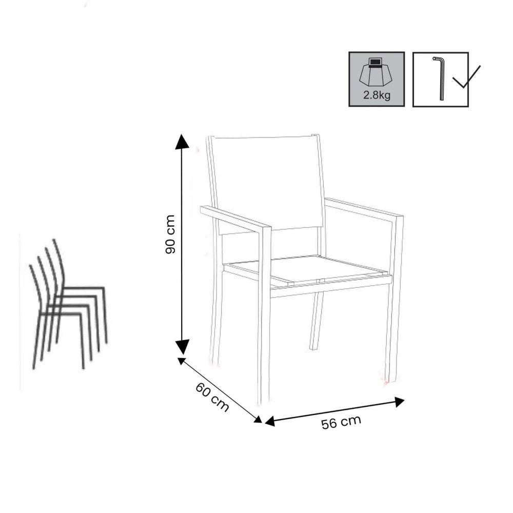 Poltrona Jamaica Bianca impilabile con struttura in alluminio e seduta in textilene, design versatile per esterni, misure e schema