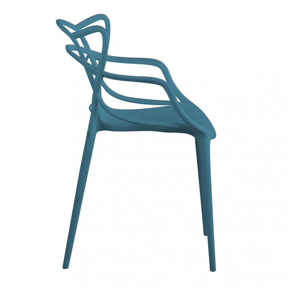 Poltrona Lily in plastica color verde petrolio, con schienale sagomato e design moderno, profilo sinistra