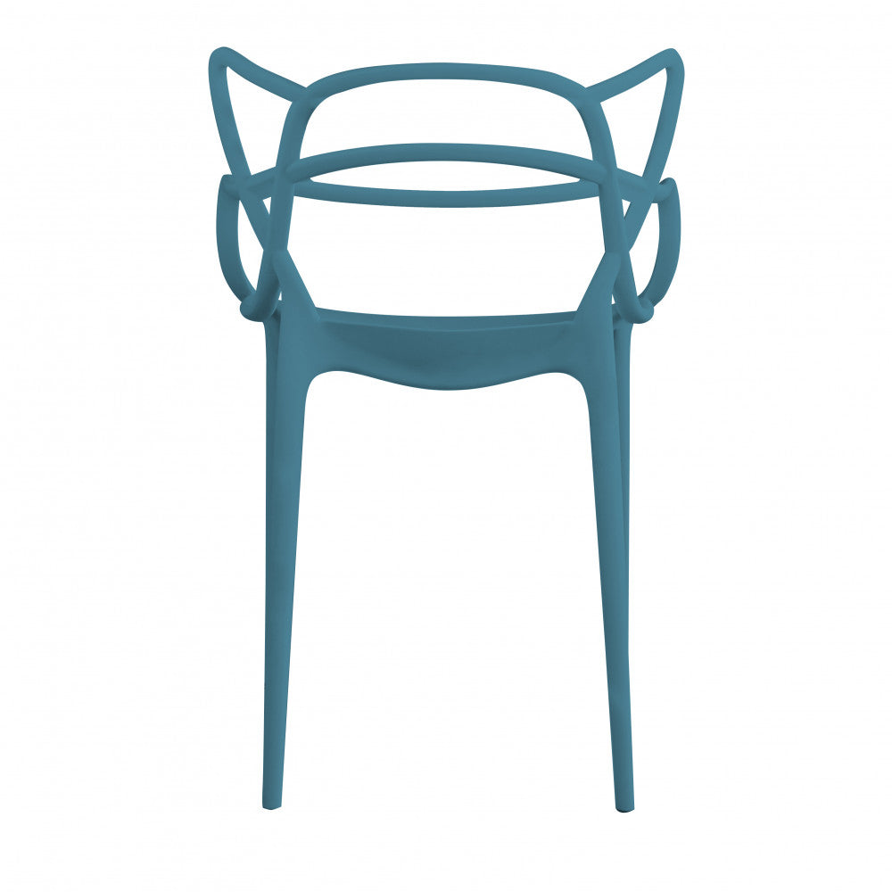 Dettaglio dello schienale e dei braccioli della poltrona Lily in polipropilene verde petrolio.