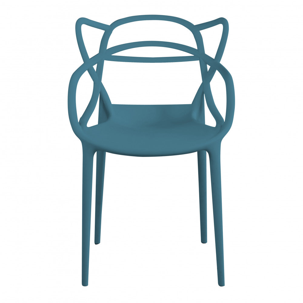 Poltrona Lily in plastica color verde petrolio, con schienale sagomato e design moderno, vista frontale.