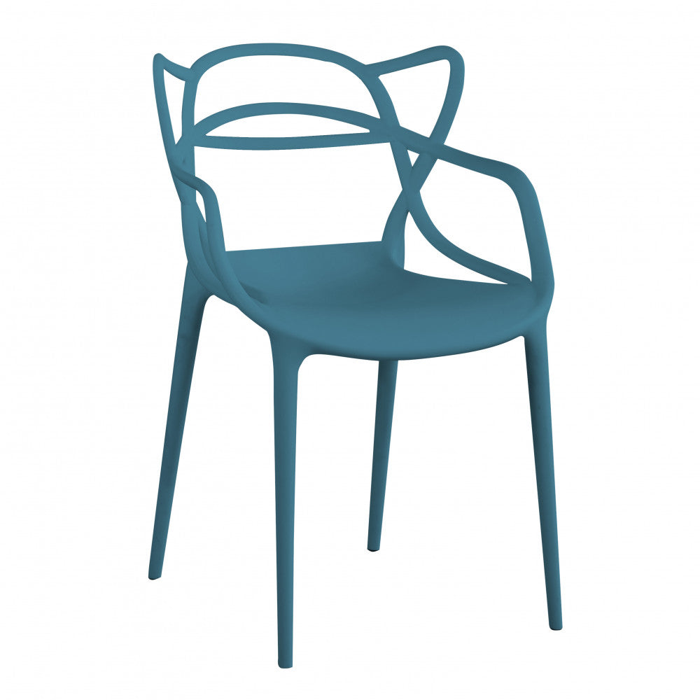 Poltrona Lily in plastica color verde petrolio, con schienale sagomato e design moderno, vista laterale