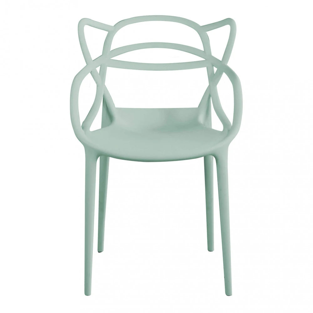 Poltrona moderna Lily Verde in Polipropilene con braccioli, ideale per spazi interni ed esterni vista frontale