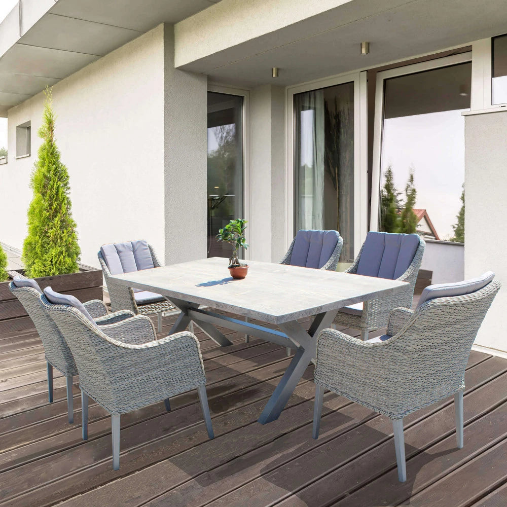 Poltrona Malesia impilabile con braccioli in alluminio e seduta in textilene, design moderno, abbinata tavolo rettangolare veranda