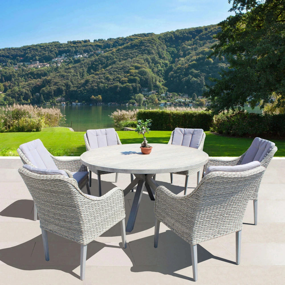 Poltrona Malesia impilabile con braccioli in alluminio e seduta in textilene, design moderno, abbianata tavolo rotondo giardino