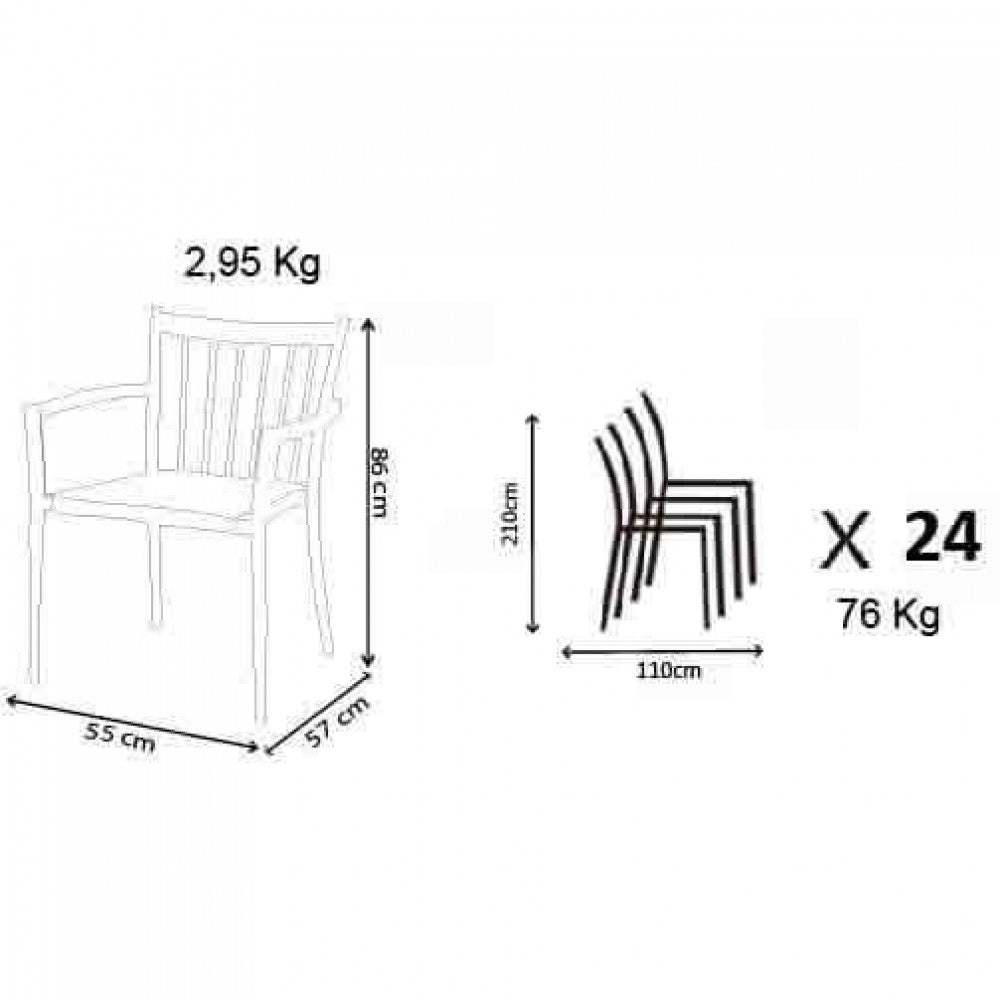 Disegno tecnico della poltrona Martinica con quote dimensionali di 55x57x86 cm, peso di 2.95 kg e schema di impilabilità.