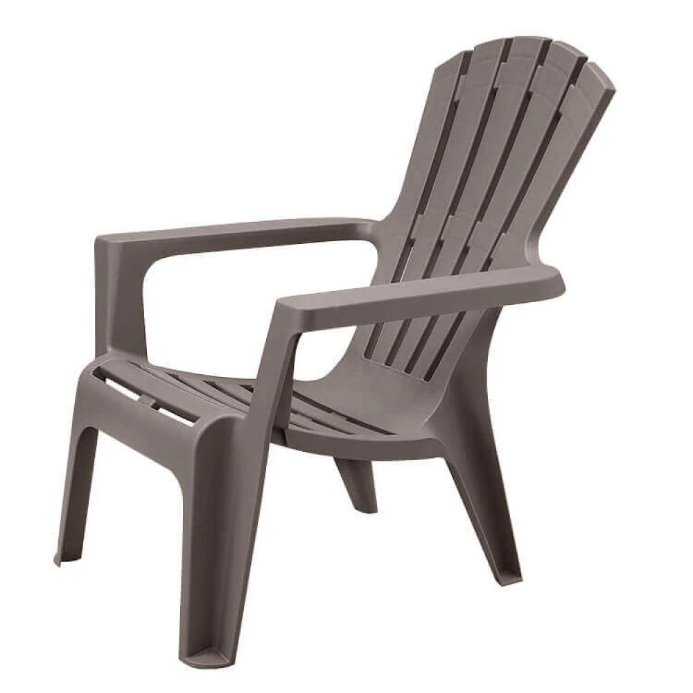 Poltrona Maryland in Polipropilene Taupe in stile resort, impilabile e robusta per giardino e terrazza, vista laterale