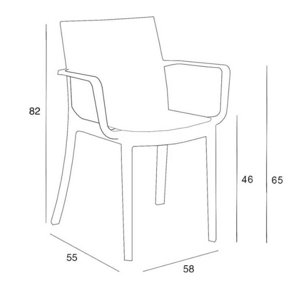 Disegno tecnico lineare della poltrona Matrix con dettagli delle dimensioni: larghezza 55 cm, profondità 58 cm, altezza 82 cm.