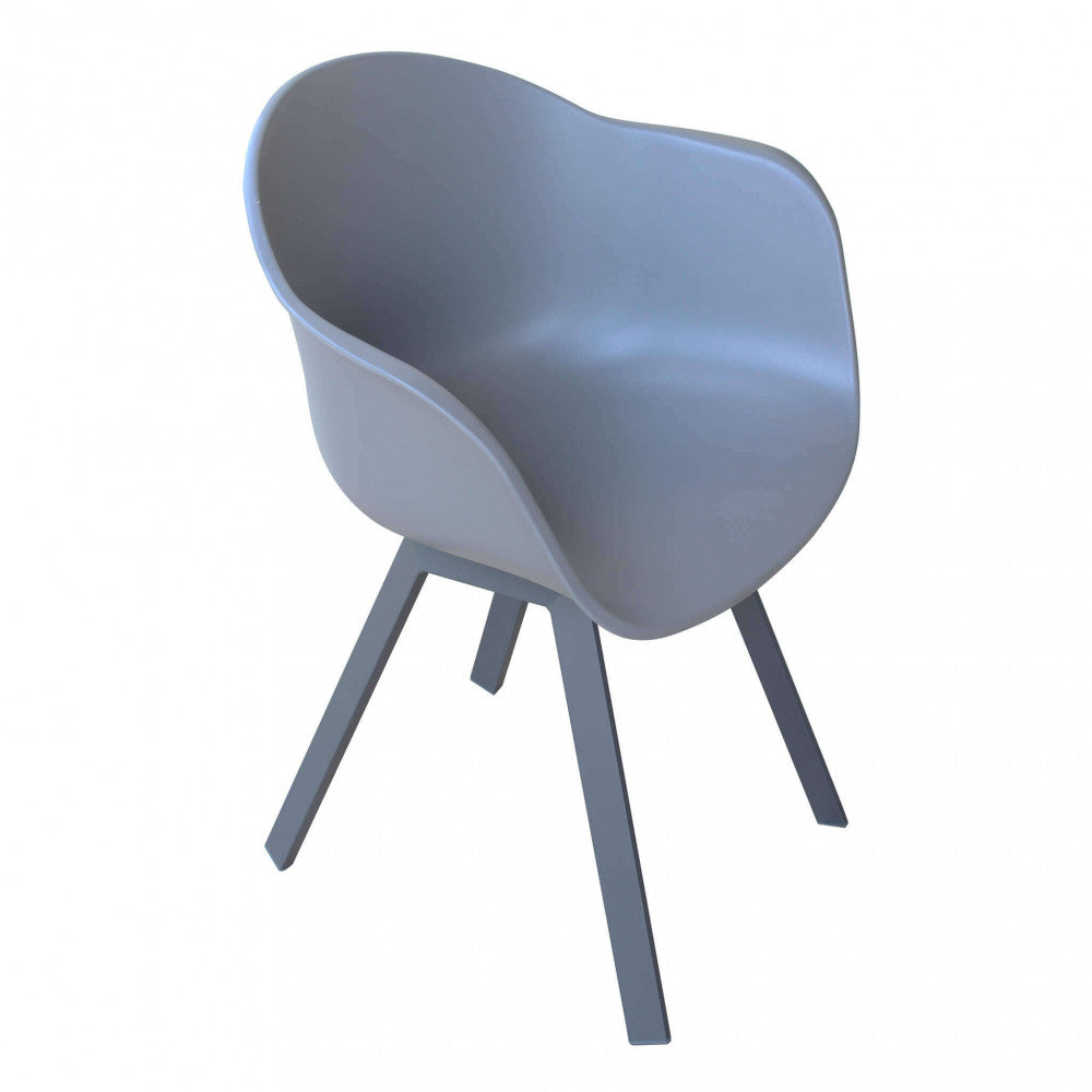 Vista frontale isolata della poltrona Maui grigio antracite, che evidenzia la seduta ergonomica in plastica e le gambe in alluminio.