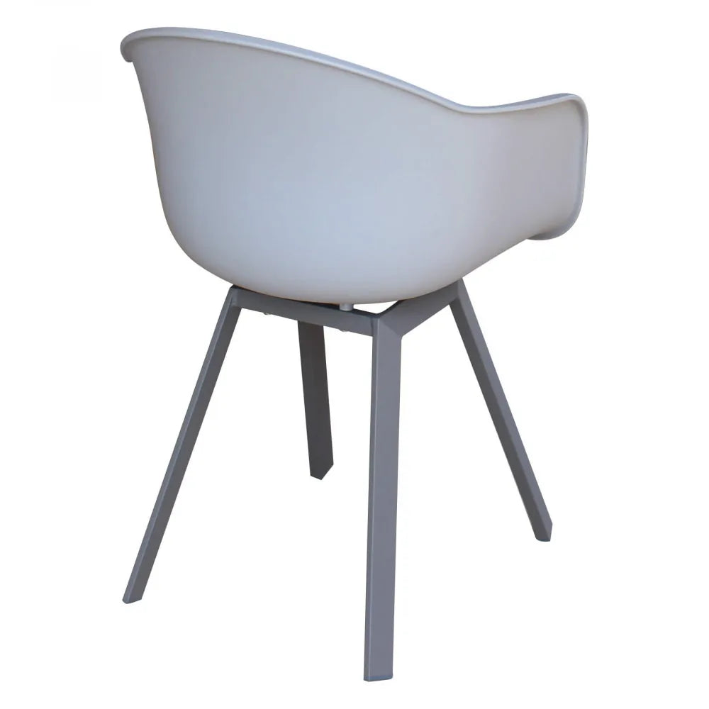 Poltrona Maui color taupe in alluminio e polipropilene, sedia impilabile per esterni, panoramica posteriore