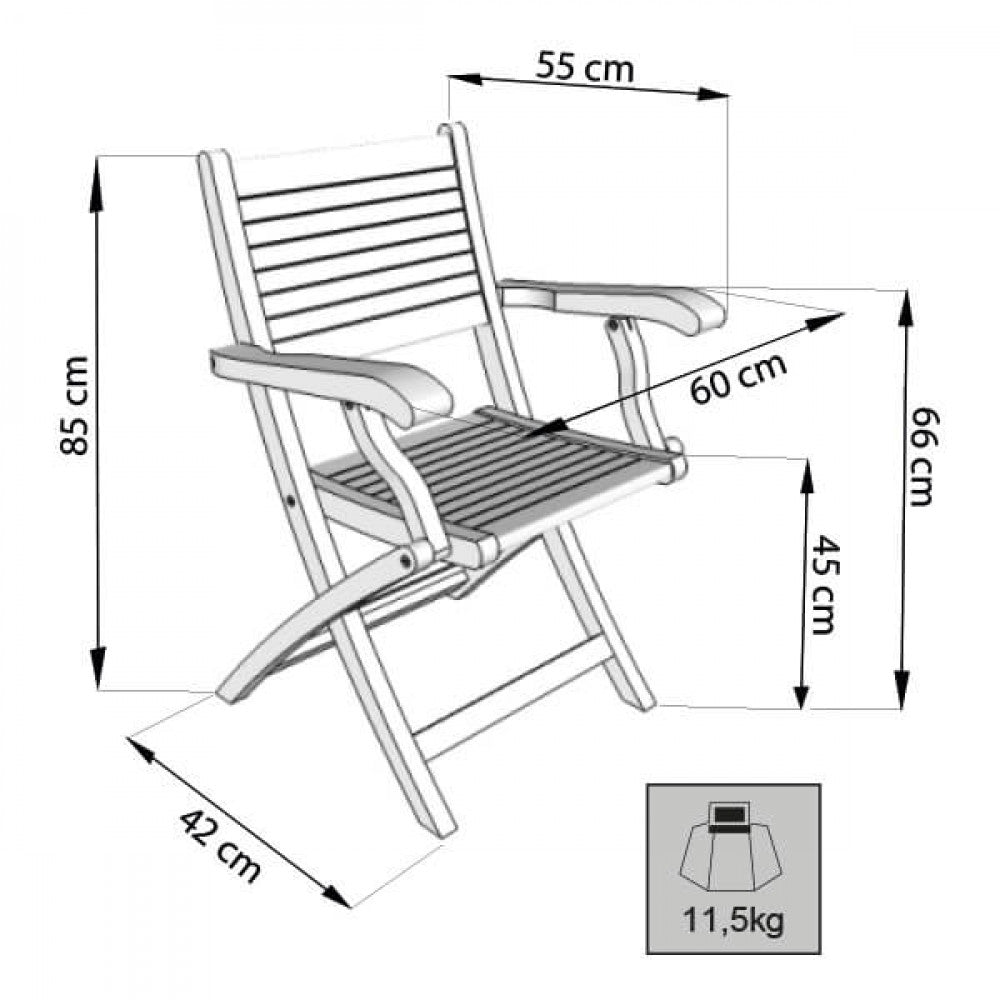 Disegno tecnico della poltrona Mirage con quote dimensionali: larghezza 55 cm, profondità 60 cm, altezza 85 cm e peso 11,5 kg.