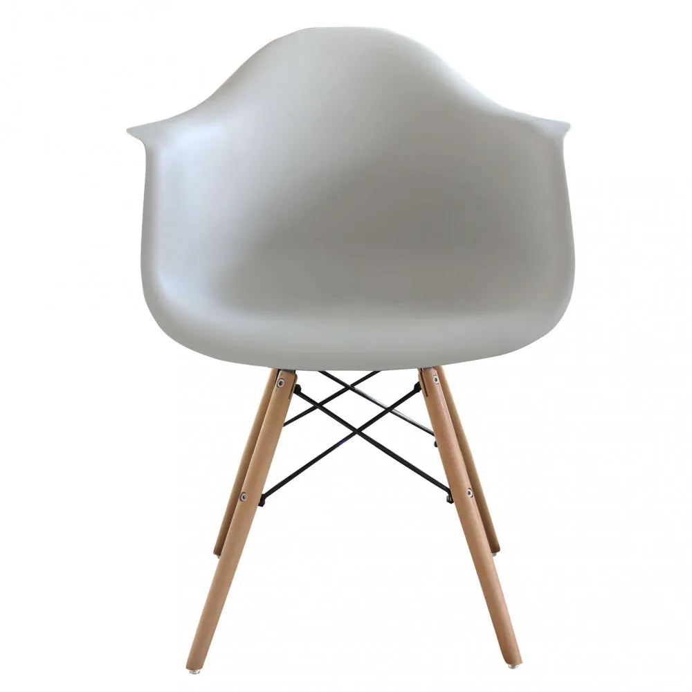 Poltrona Moritz grigia moderna con braccioli, seduta in ABS grigio e gambe in legno, vista frontale