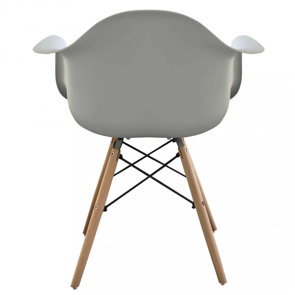 Poltrona Moritz grigia moderna con braccioli, seduta in ABS grigio e gambe in legno, panoramica posteriore