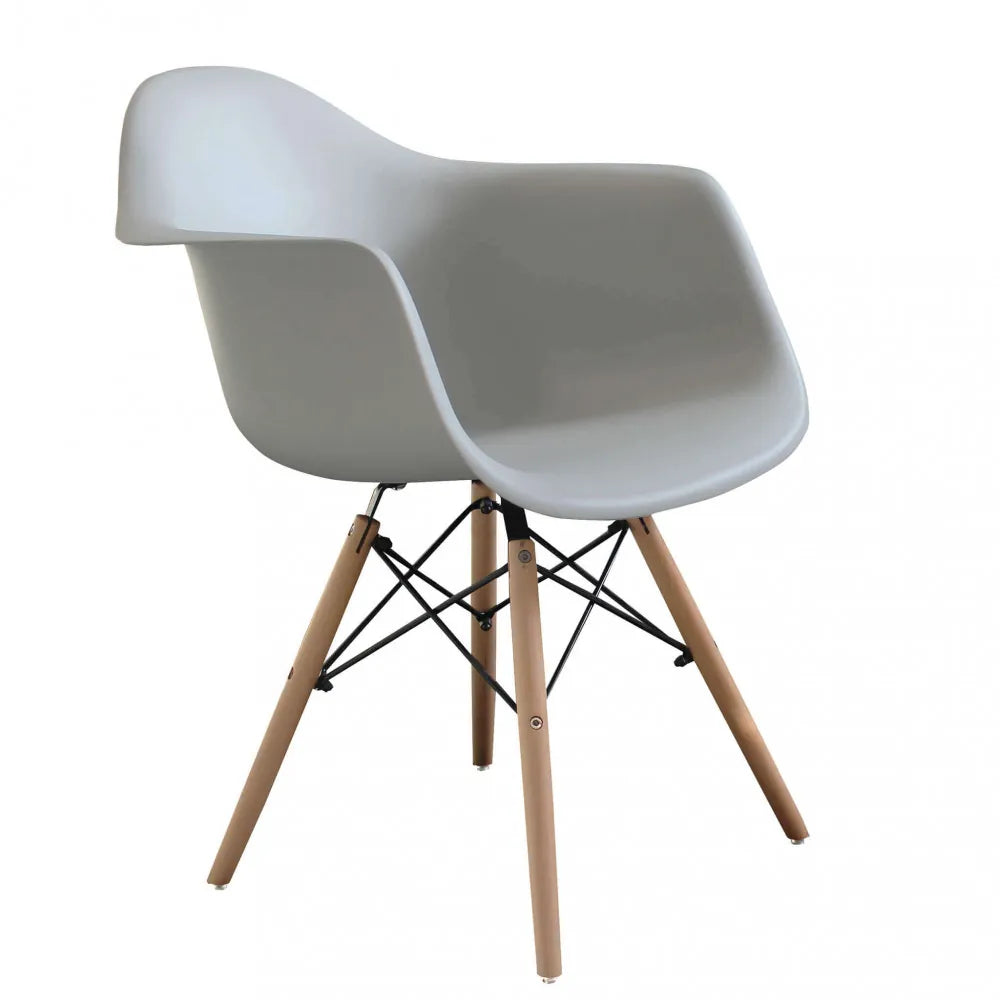 Poltrona Moritz grigia moderna con braccioli, seduta in ABS grigio e gambe in legno.