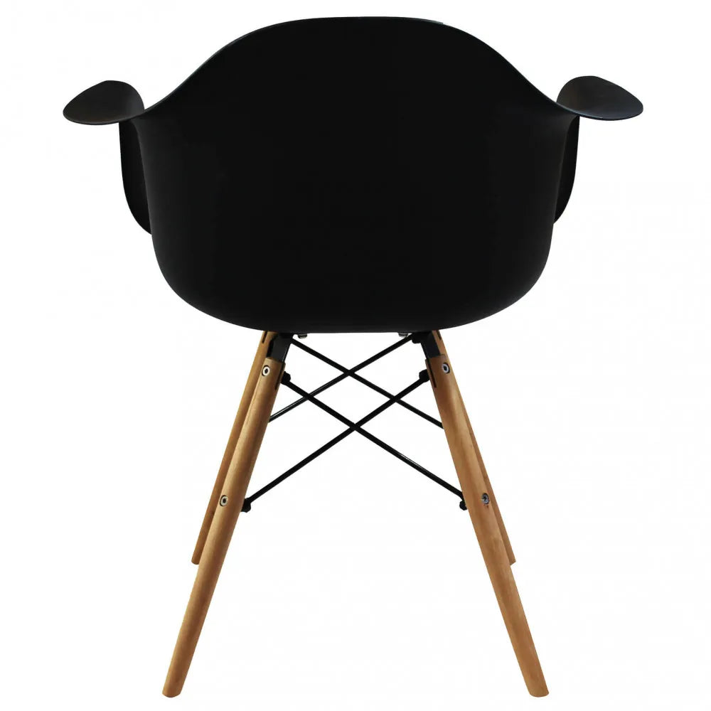 Poltrona Moritz nera con braccioli, seduta in plastica ABS nera e gambe in legno naturale e metallo, vista posteriore