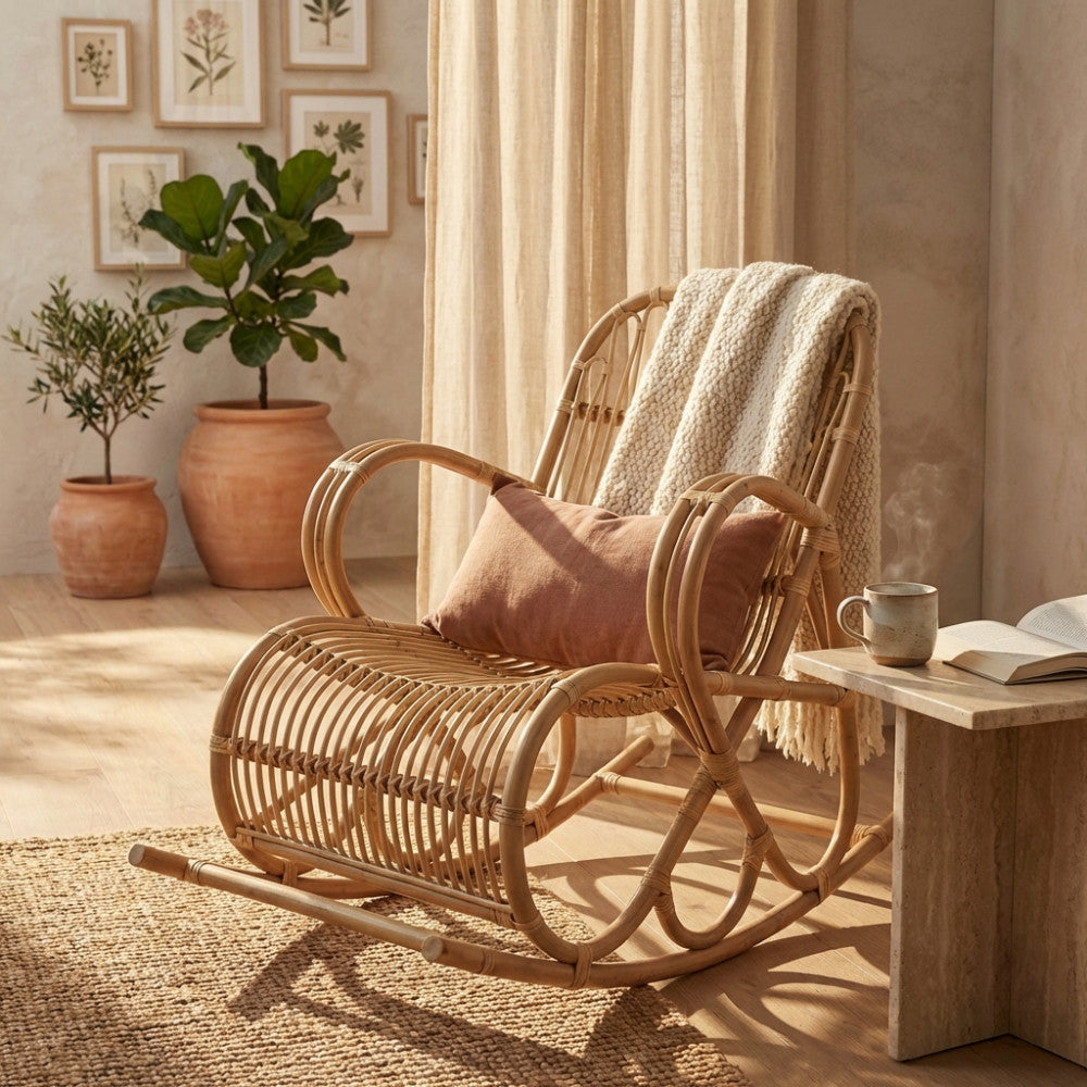 Poltrona a dondolo Paloma in bamboo marrone chiaro, ambientata in un accogliente salotto con luce naturale, cuscino e coperta.