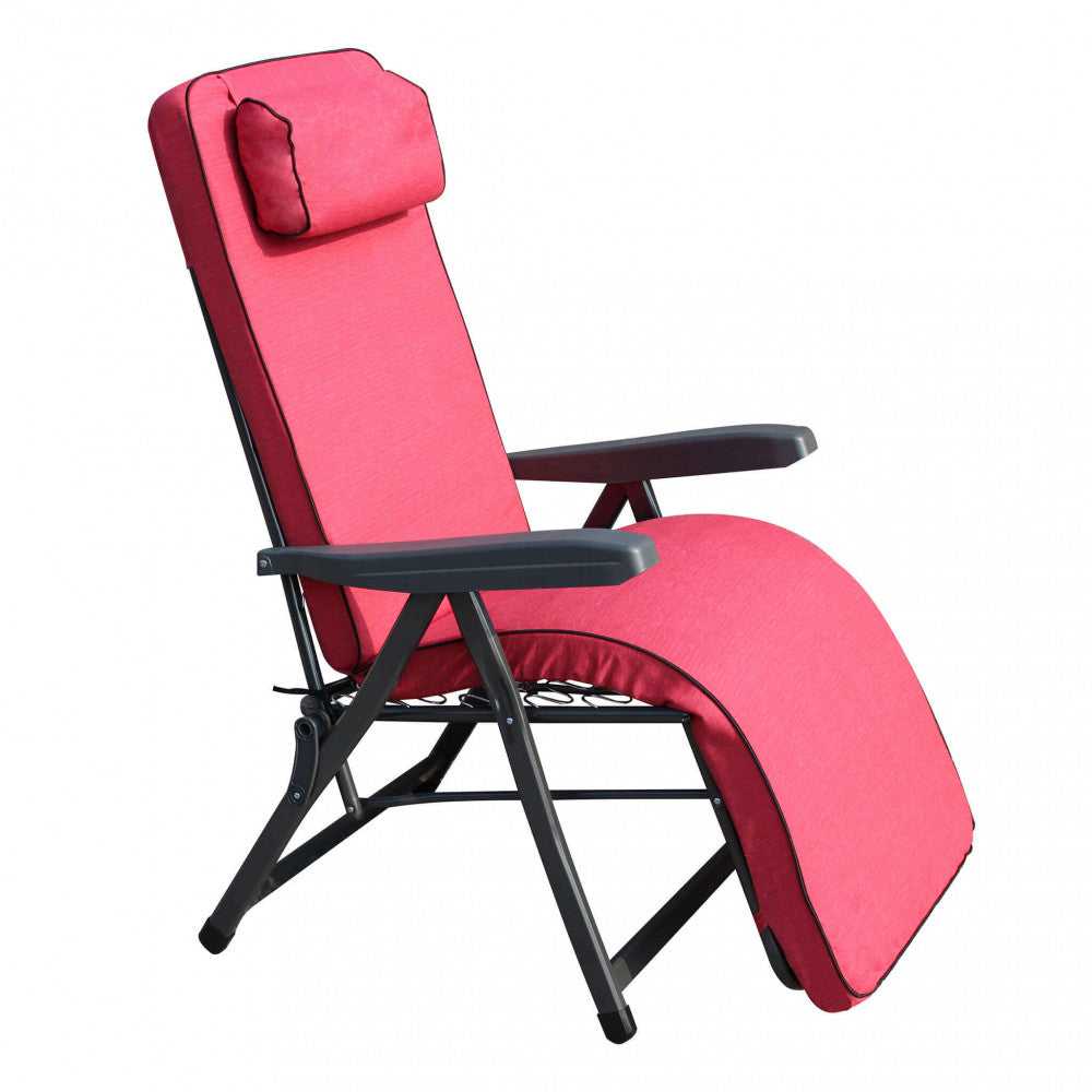 Profilo laterale della poltrona relax rossa con poggiatesta imbottito.