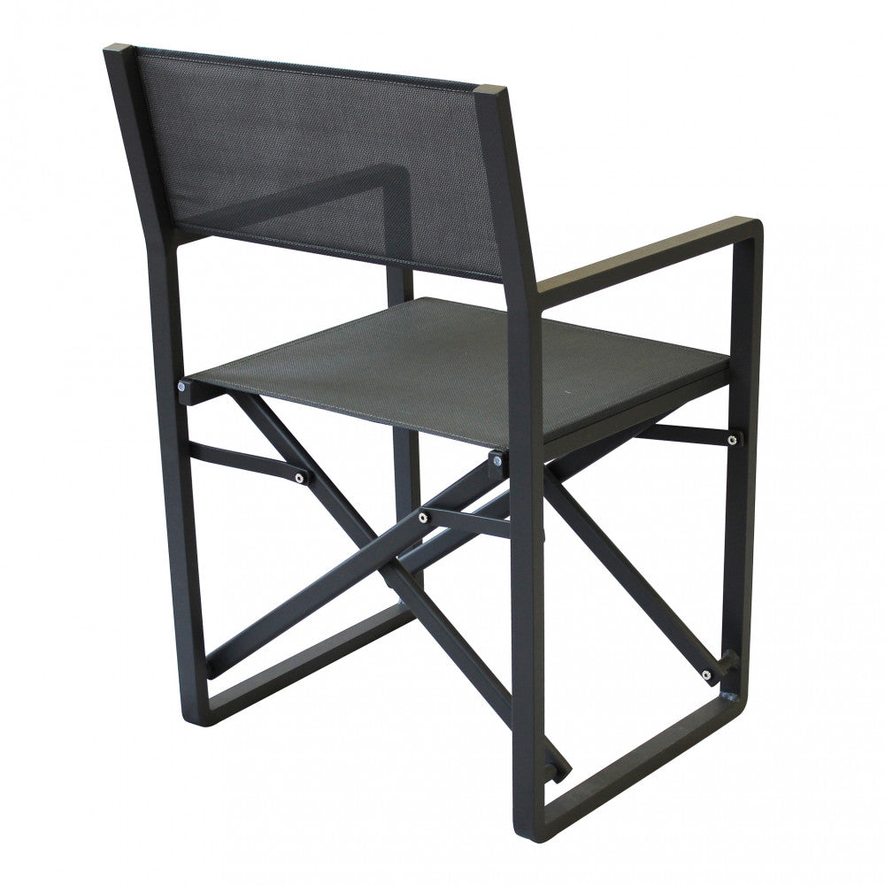 Dettaglio del textilene e della struttura in alluminio della poltrona Regista Larissa.