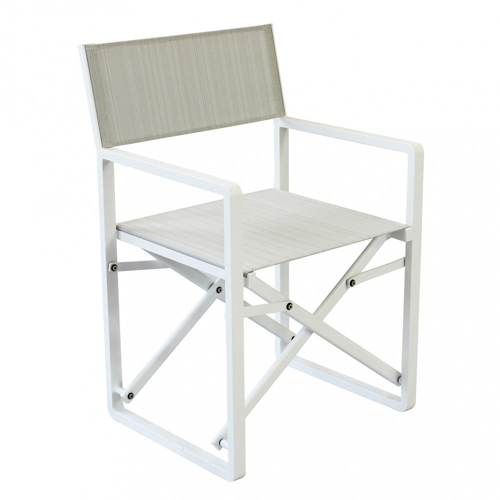 Poltrona Regista Larissa color bianco, con struttura in alluminio e seduta in textilene.