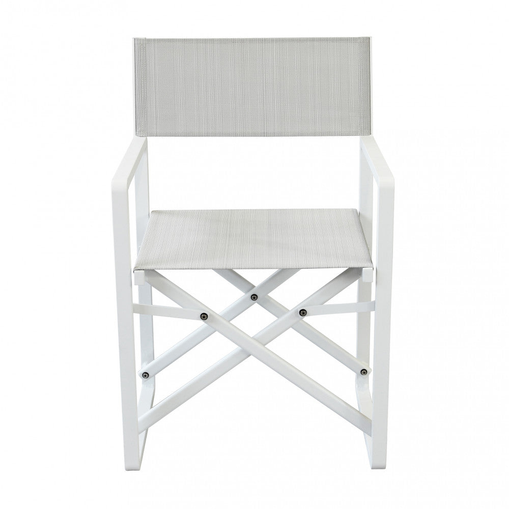 Poltrona Regista Larissa color bianco, con struttura in alluminio e seduta in textilene.