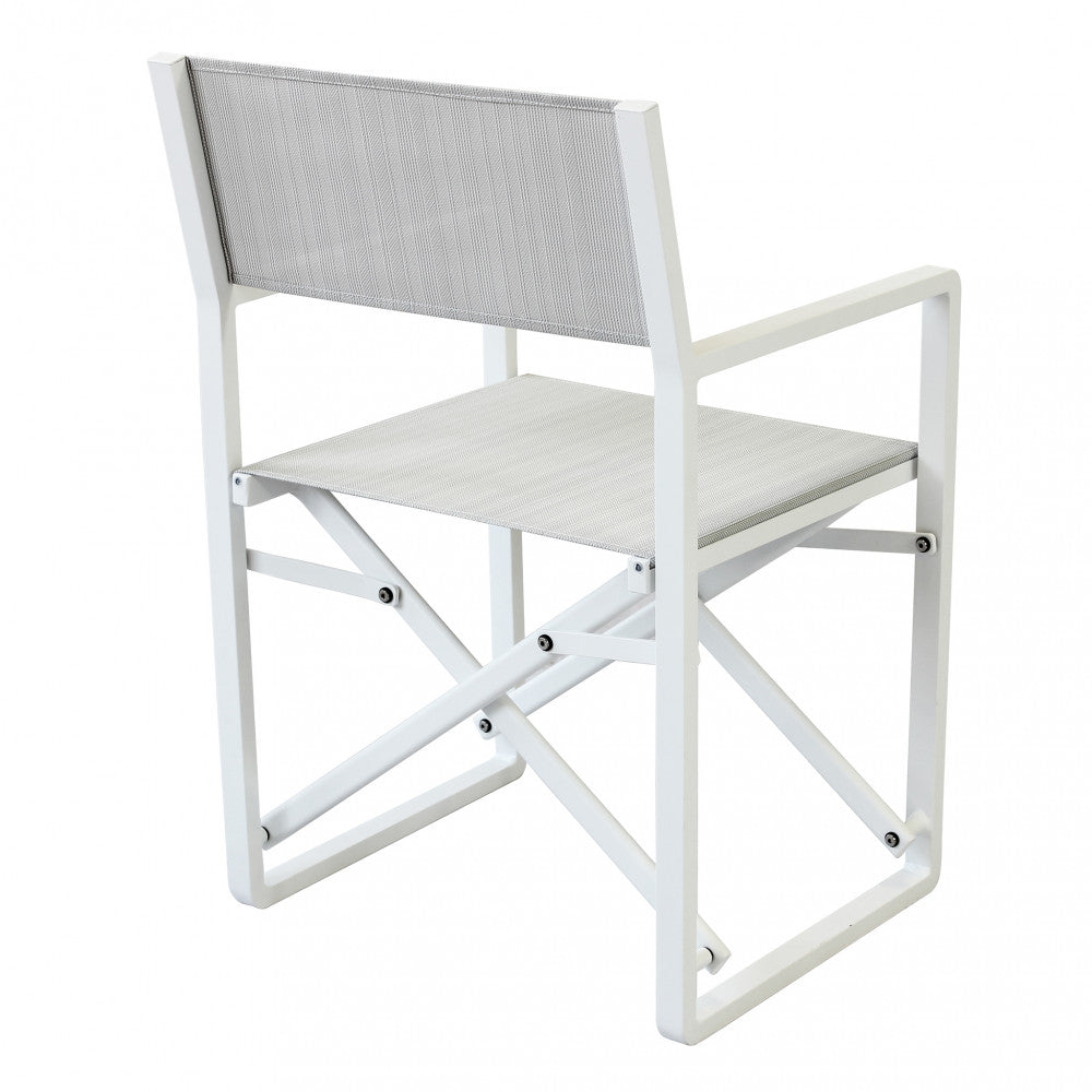 Dettaglio del textilene e della struttura in alluminio bianco della poltrona Regista Larissa.