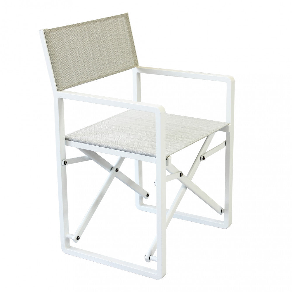 Poltrona Regista Larissa color bianco, con struttura in alluminio e seduta in textilene.