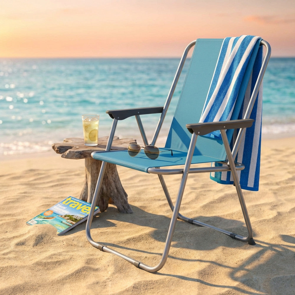 Sedia pieghevole Cosma azzurra in tela Oxford su spiaggia
