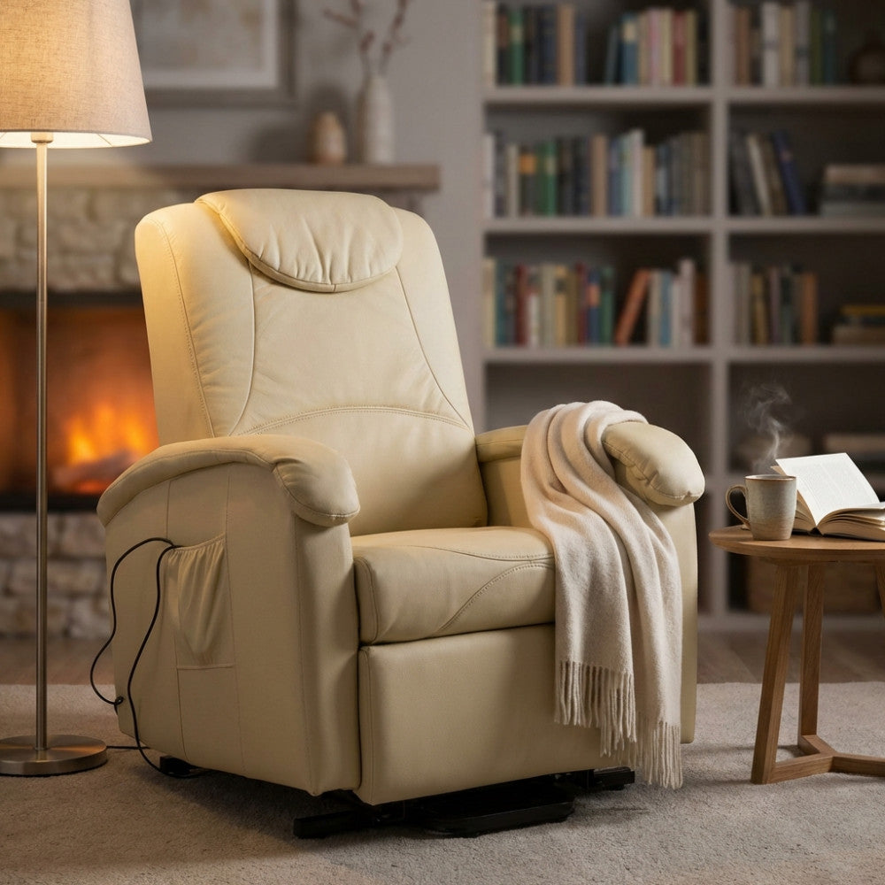 Poltrona massaggiante beige posizionata in un salotto accogliente con camino acceso, lampada da terra e libreria.