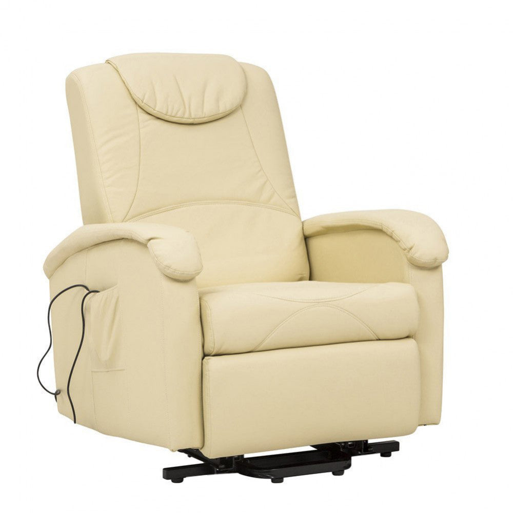 Vista frontale angolata della poltrona relax in ecopelle beige su sfondo neutro in posizione eretta.