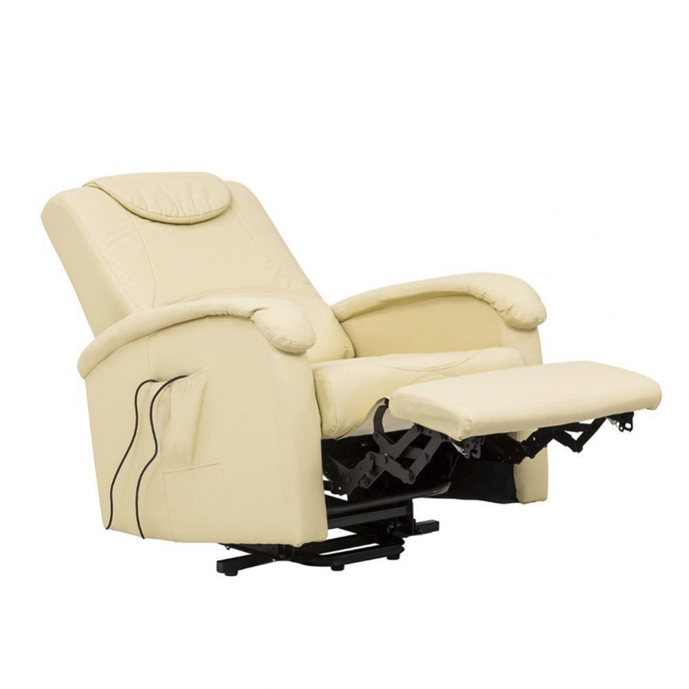 Poltrona relax elettrica beige mostrata nella sua massima estensione con poggiapiedi sollevato e schienale reclinato.