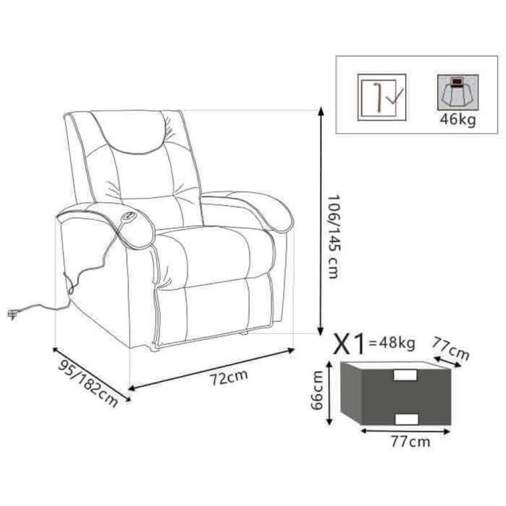 Disegno tecnico della poltrona relax con quote dimensionali dettagliate e specifiche di imballaggio.