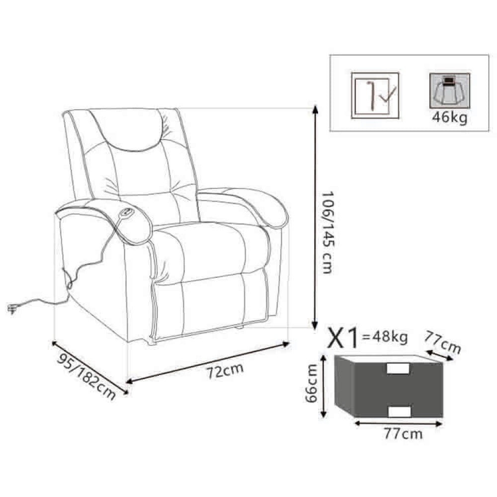 Disegno tecnico della poltrona relax con quote dimensionali dettagliate di larghezza, altezza, profondità e specifiche dell'imballaggio.