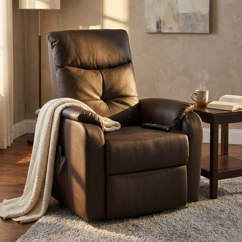 Poltrona relax elettrica in ecopelle marrone ambientata in un salotto elegante con luce naturale.