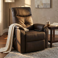 Poltrona relax elettrica in ecopelle marrone ambientata in un salotto elegante con luce naturale.