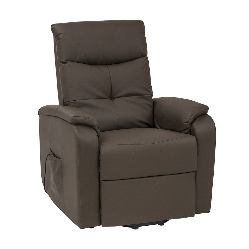 Poltrona relax elettrica marrone con braccioli, ripresa in studio su sfondo neutro.