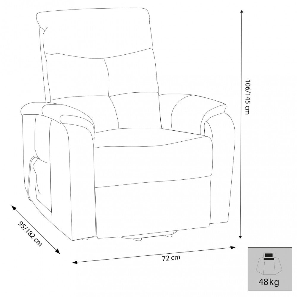 Disegno tecnico della poltrona relax con quote dimensionali dettagliate in centimetri e peso.