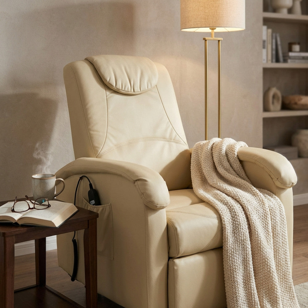 Dettaglio della poltrona reclinabile beige con una morbida coperta in maglia appoggiata sul bracciolo e una tazza fumante sul tavolino laterale.