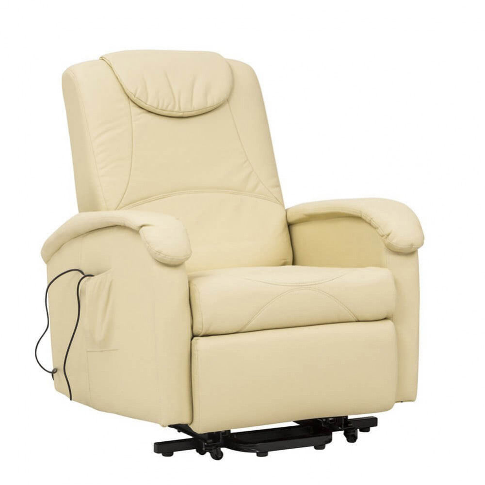 Vista frontale della poltrona relax in ecopelle beige con meccanismo di sollevamento elettrico parzialmente attivato su sfondo bianco.