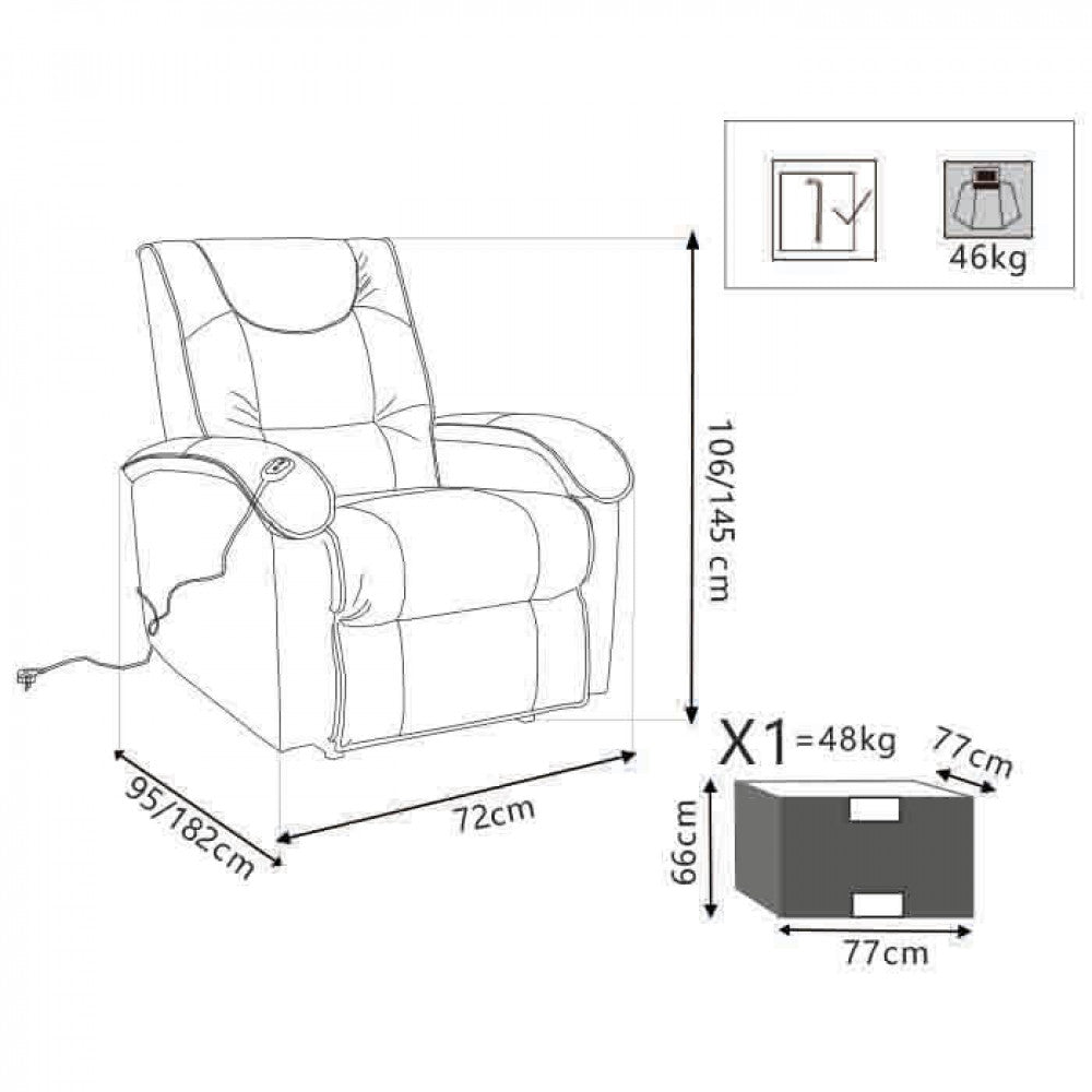 Disegno tecnico schematico della poltrona relax che illustra le dimensioni dettagliate di altezza, larghezza e profondità in centimetri.