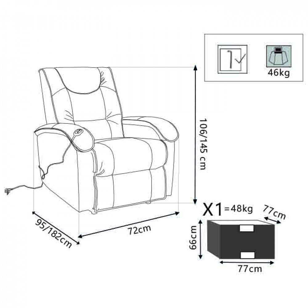 Disegno tecnico della poltrona relax con quote dimensionali dettagliate e specifiche di ingombro