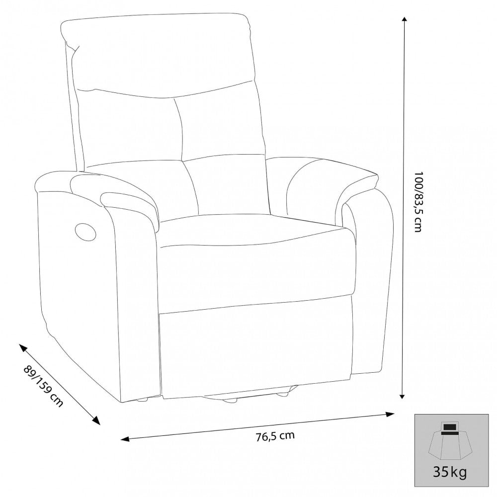 Disegno tecnico della poltrona relax con quote dimensionali: larghezza 76,5 cm, profondità variabile 89-159 cm e altezza 100-83,5 cm.