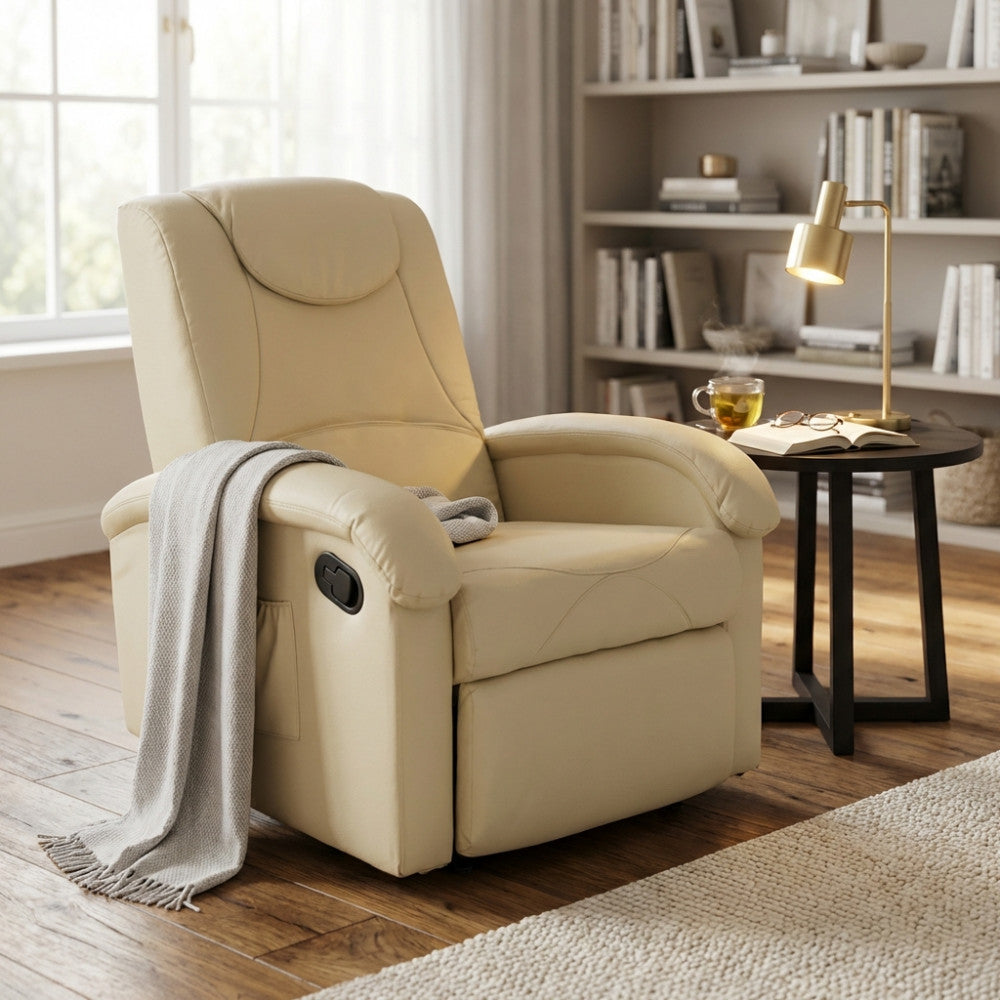 Poltrona relax reclinabile in ecopelle beige posizionata in un elegante soggiorno luminoso con tavolino e lampada in ottone.