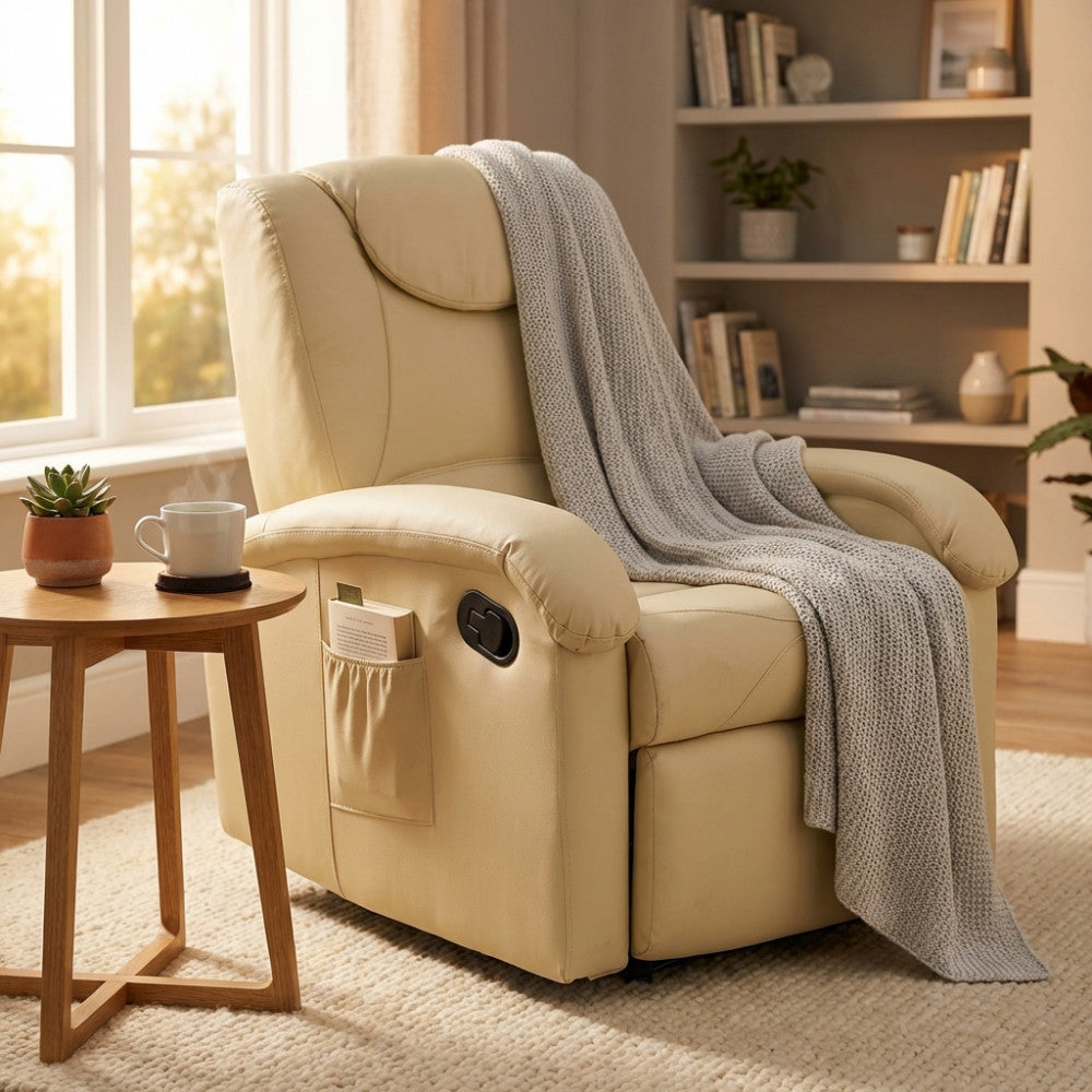 Poltrona relax in ecopelle beige arricchita da un morbido plaid grigio testurizzato, inserita in un contesto living raffinato.