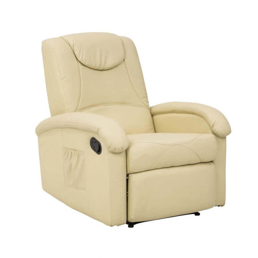 Vista frontale a tre quarti della poltrona relax beige, che evidenzia i braccioli imbottiti e la leva laterale nera per la reclinazione.