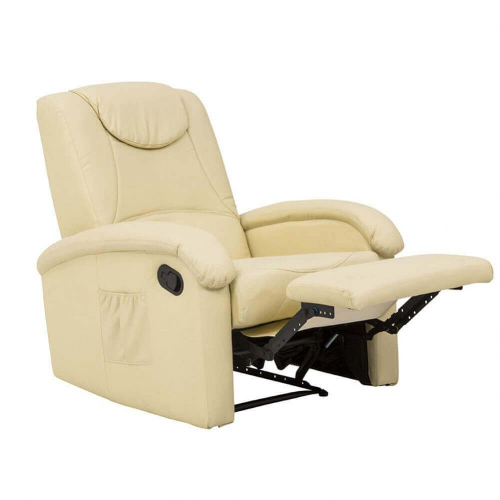 Poltrona relax reclinabile completamente estesa, con poggiapiedi sollevato e schienale abbassato per il massimo comfort ergonomico.