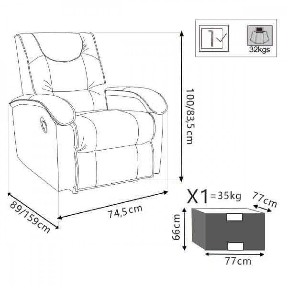 Disegno tecnico della poltrona relax con quote dimensionali dettagliate, indicando larghezza, altezza e profondità nelle varie configurazioni.