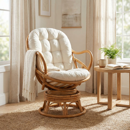 Vista frontale della poltrona relax Sanbor in rattan marrone chiaro con cuscino panna, ambientata in un salotto luminoso ed elegante.